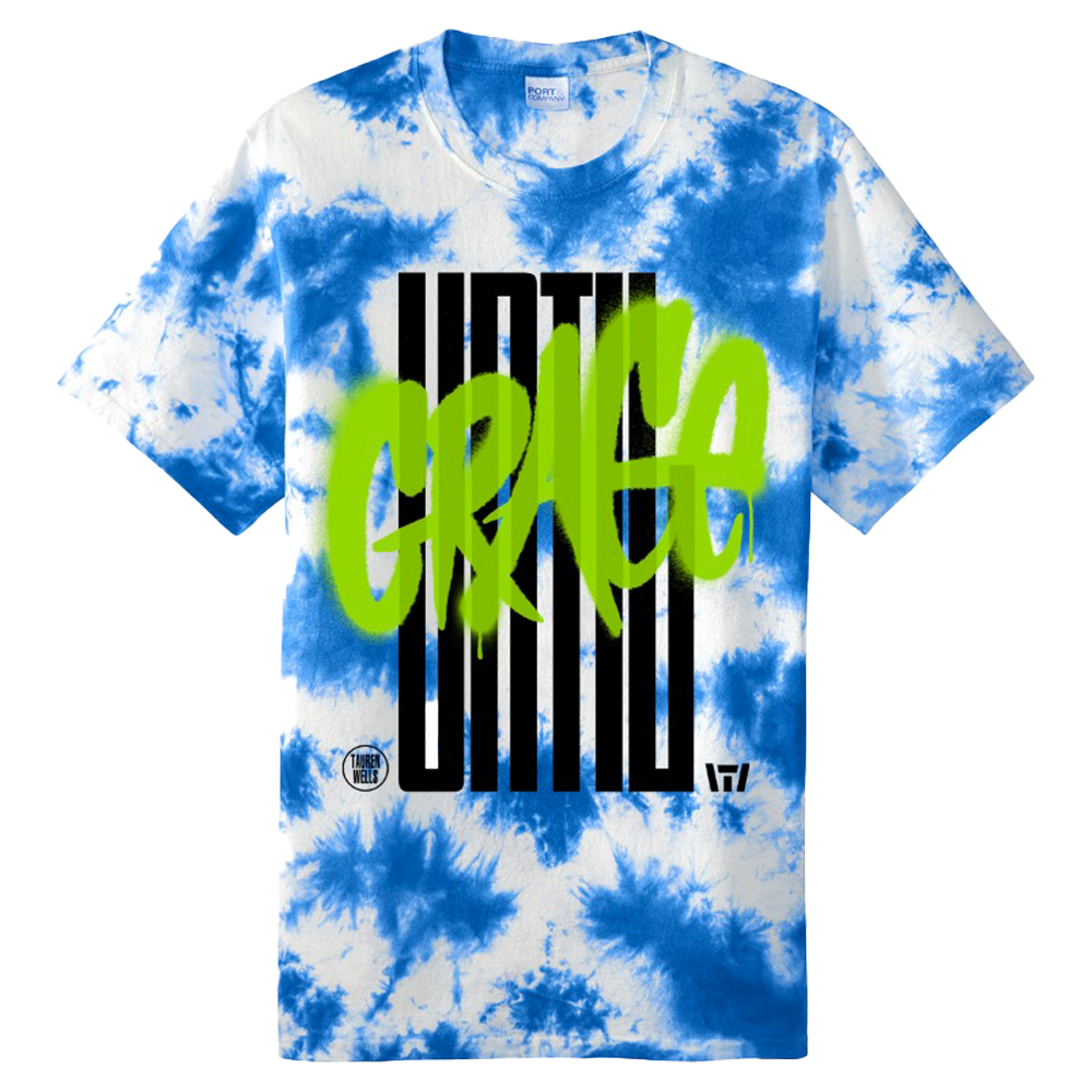 Until Grace green spray paint design blue and white tie-dye tee product shot Tauren Wells