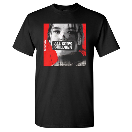 Front of Black Tee with image of girl with tape over mouth that says All God's Children with red background on graphic