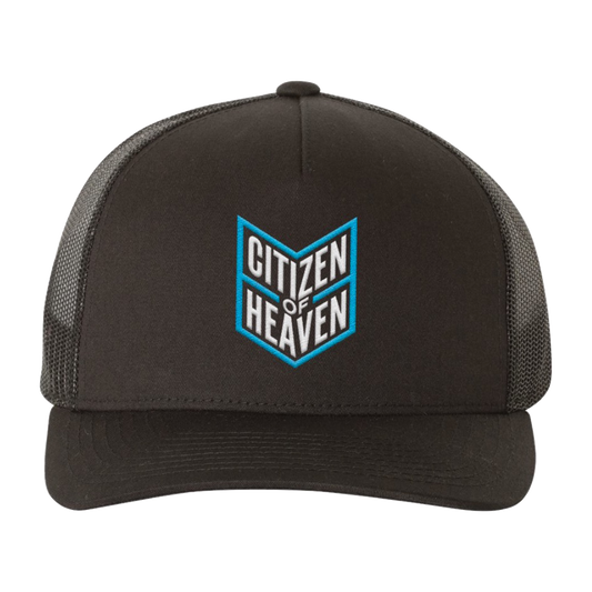 Citizen of Heaven blue patch black trucker hat mesh back product shot Tauren Wells