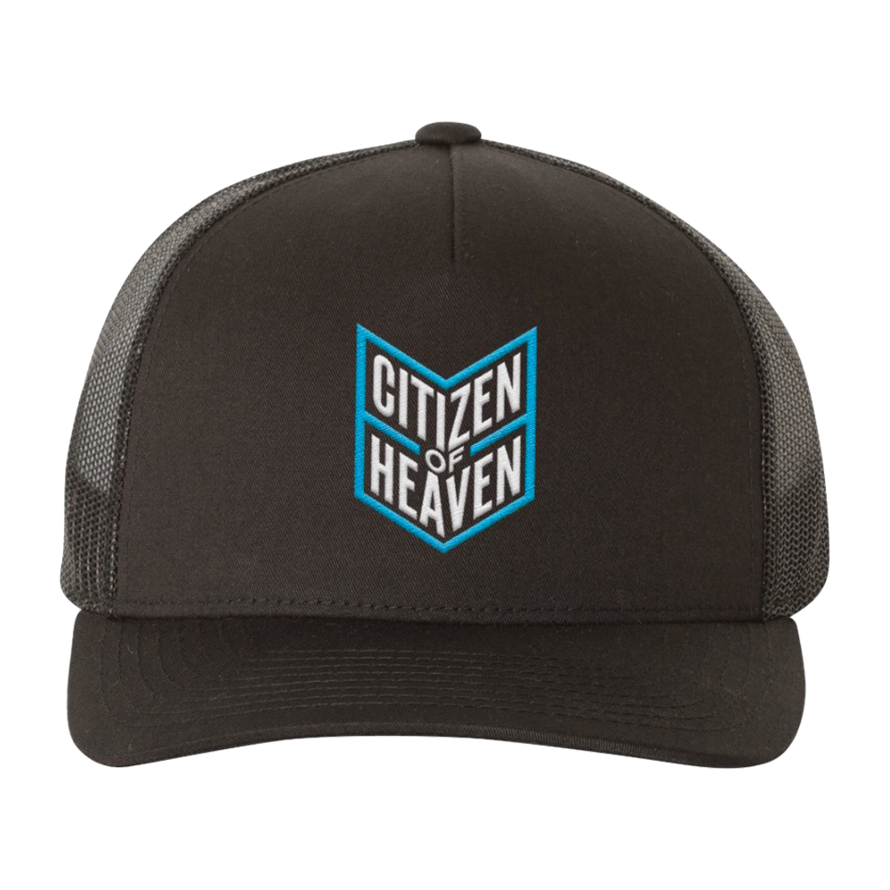 Citizen of Heaven blue patch black trucker hat mesh back product shot Tauren Wells