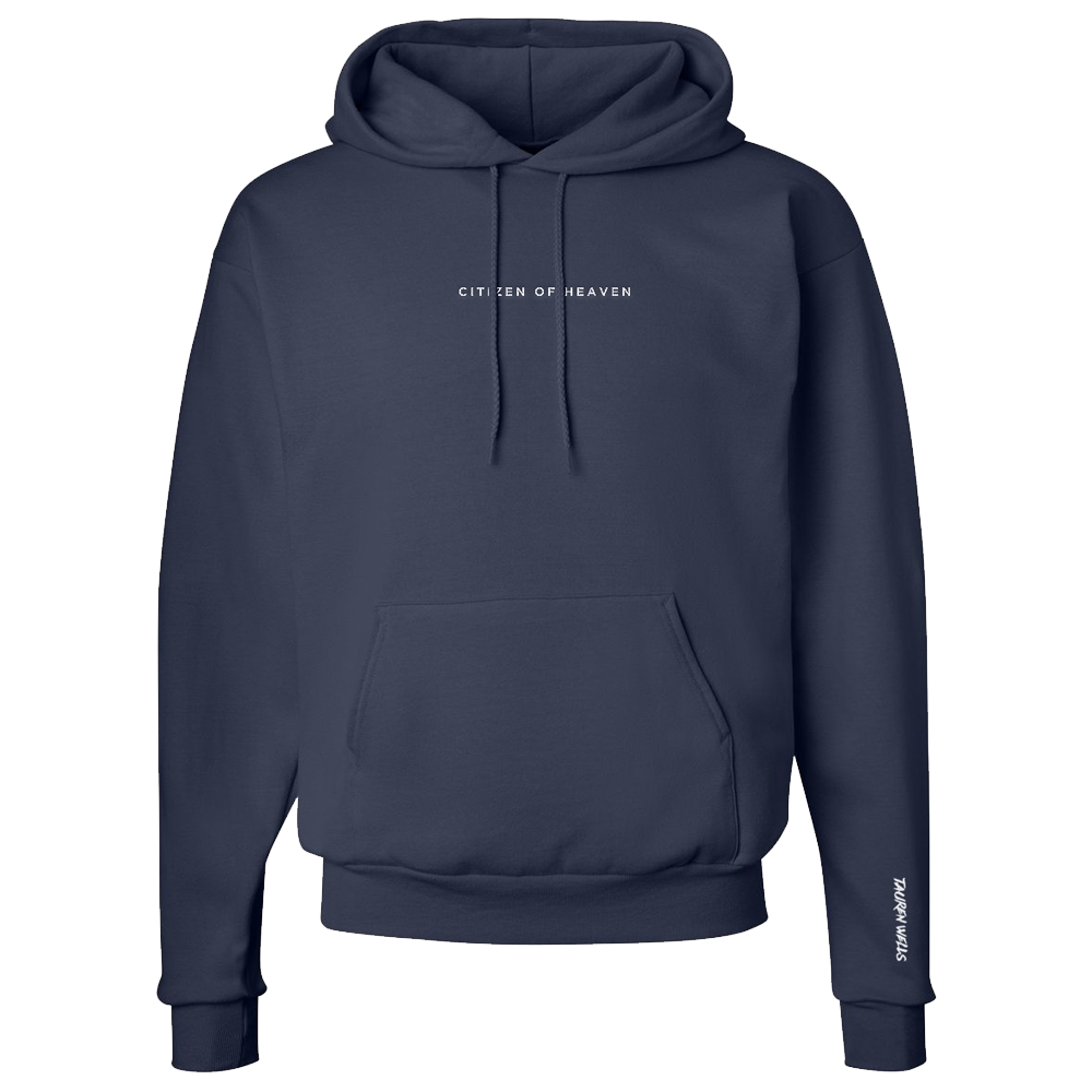 Citizen of Heaven chest writing TW sleeve navy hoodie product shot front Tauren Wells