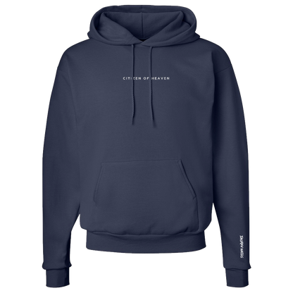 Citizen of Heaven chest writing TW sleeve navy hoodie product shot front Tauren Wells