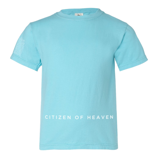 Citizen of Heaven sleeve and lower front design light blue youth tee product shot front Tauren Wells
