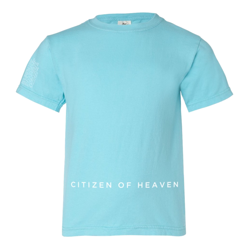 Citizen of Heaven sleeve and lower front design light blue youth tee product shot front Tauren Wells