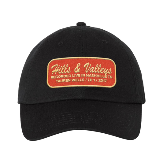 Hills and Valleys red and yellow patch black hat product shot Tauren Wells