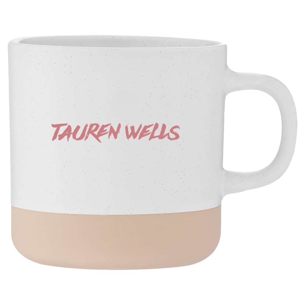 Tauren Wells pink writing speckled tan bottom drinking mug product shot back Tauren Wells