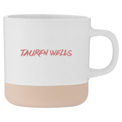 Tauren Wells pink writing speckled tan bottom drinking mug product shot back Tauren Wells