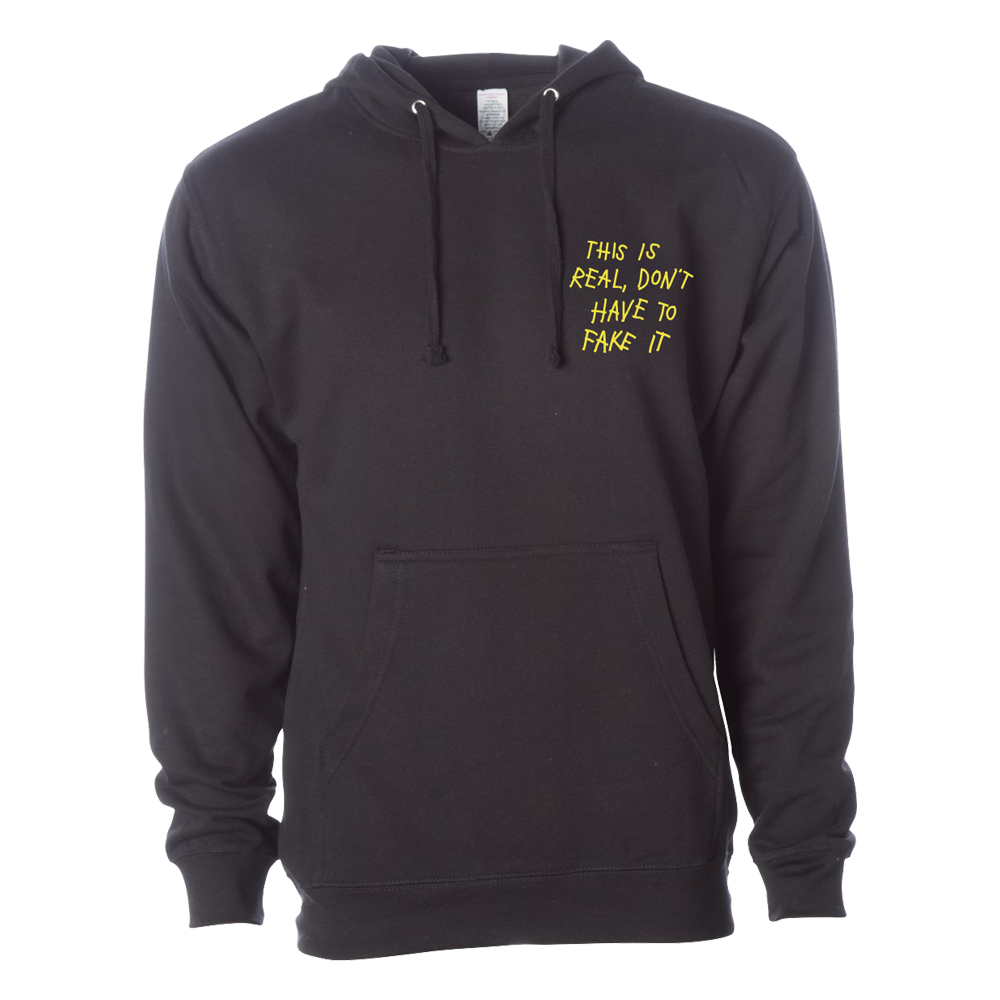 This is real don't have to fake it writing chest design black hoodie product shot front Tauren Wells
