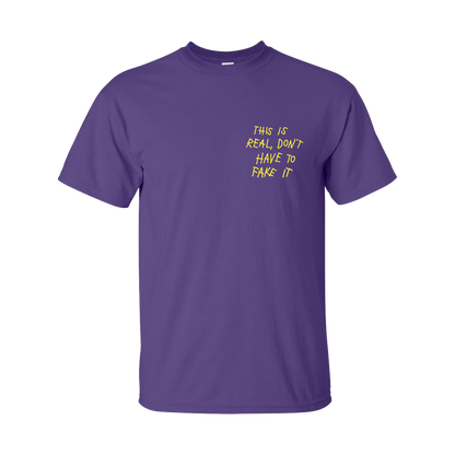 This is real don't have to fake it writing chest design purple tee product shot front Tauren Wells